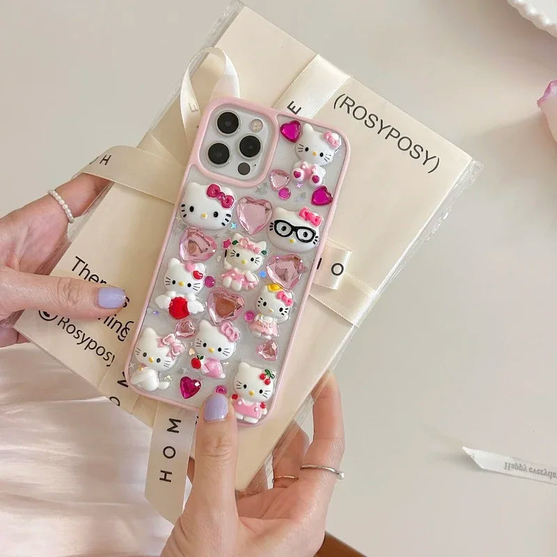 Kawaii Cute 3D Sanrio Hello Kitty Diamond Transparent Phone Case For iPhone 15 14 Pro 13 12 11 Pro Max Shockproof Cover