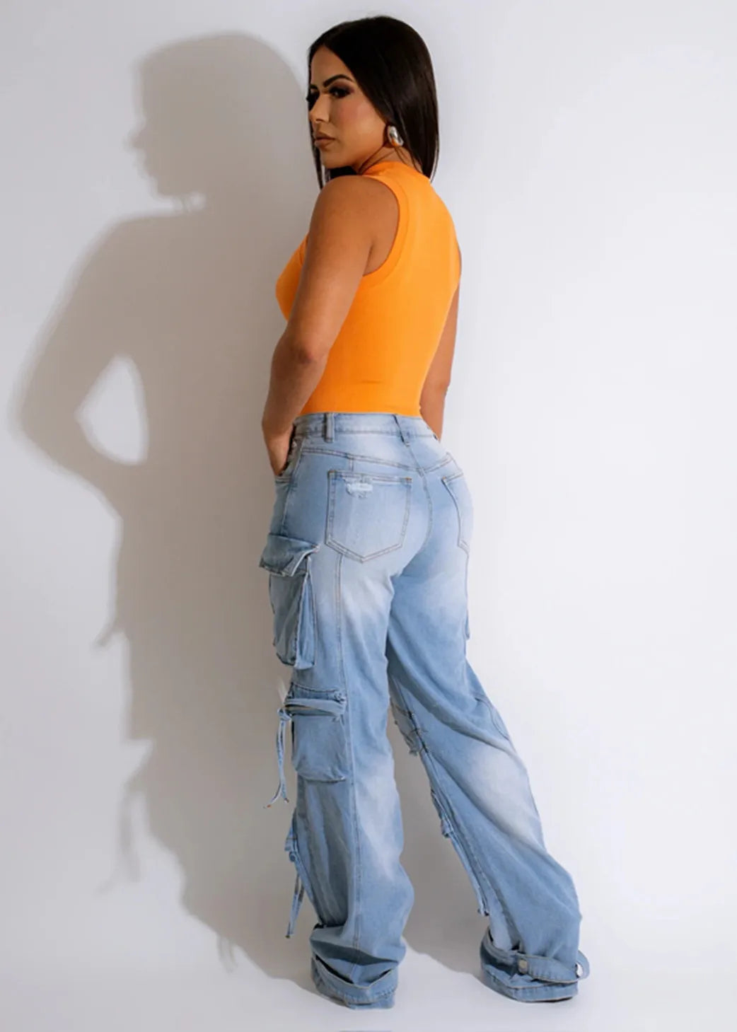Multi Pockets Denim Straight Pants Sexy Women High Waist