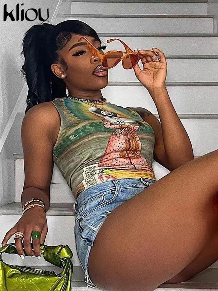 Kliou Vintage Street Print Tank Tops Women