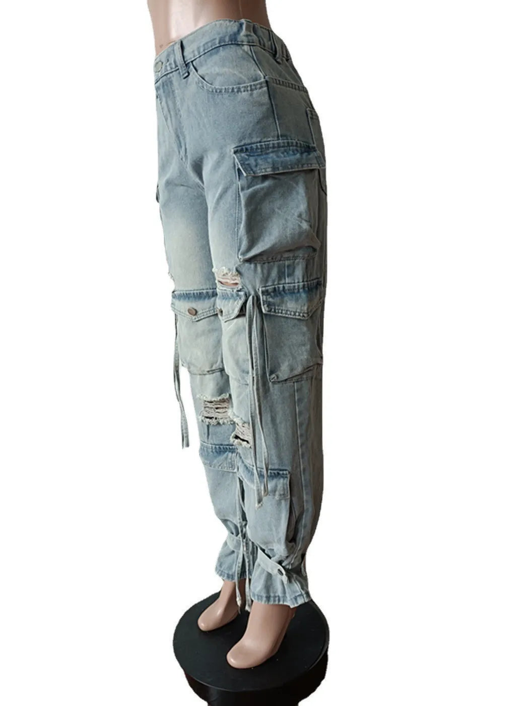 Multi Pockets Denim Straight Pants Sexy Women High Waist