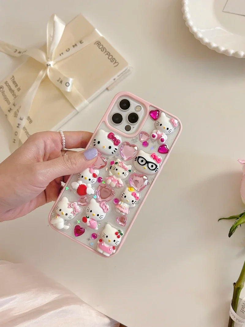 Kawaii Cute 3D Sanrio Hello Kitty Diamond Transparent Phone Case For iPhone 15 14 Pro 13 12 11 Pro Max Shockproof Cover