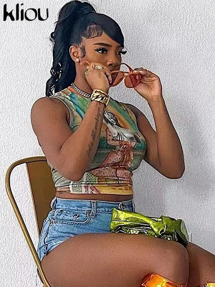 Kliou Vintage Street Print Tank Tops Women