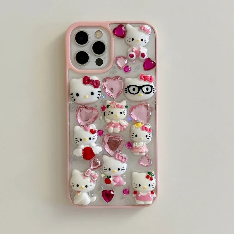 Kawaii Cute 3D Sanrio Hello Kitty Diamond Transparent Phone Case For iPhone 15 14 Pro 13 12 11 Pro Max Shockproof Cover