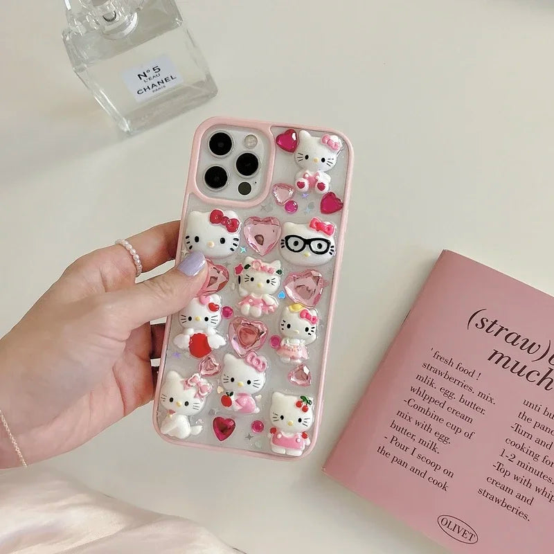 Kawaii Cute 3D Sanrio Hello Kitty Diamond Transparent Phone Case For iPhone 15 14 Pro 13 12 11 Pro Max Shockproof Cover