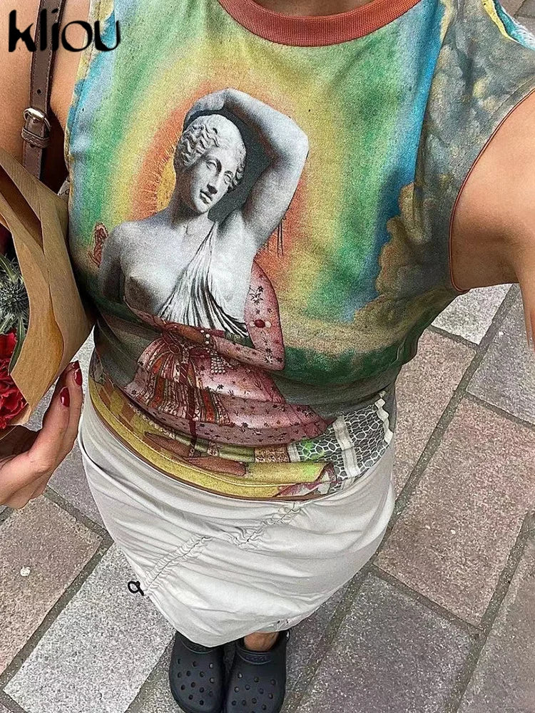 Kliou Vintage Street Print Tank Tops Women