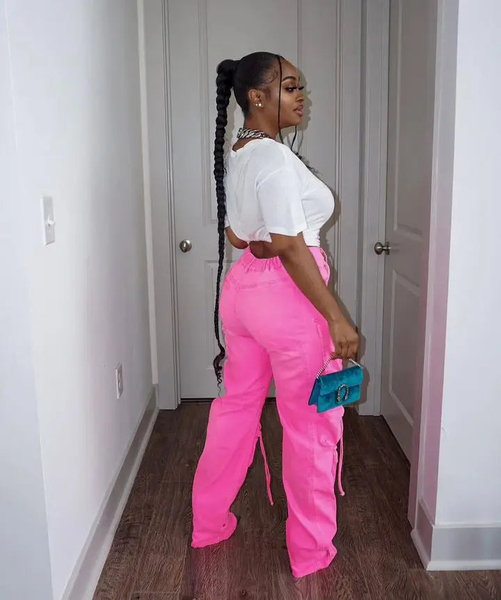 Multi Pockets Denim Straight Pants Sexy Women High Waist