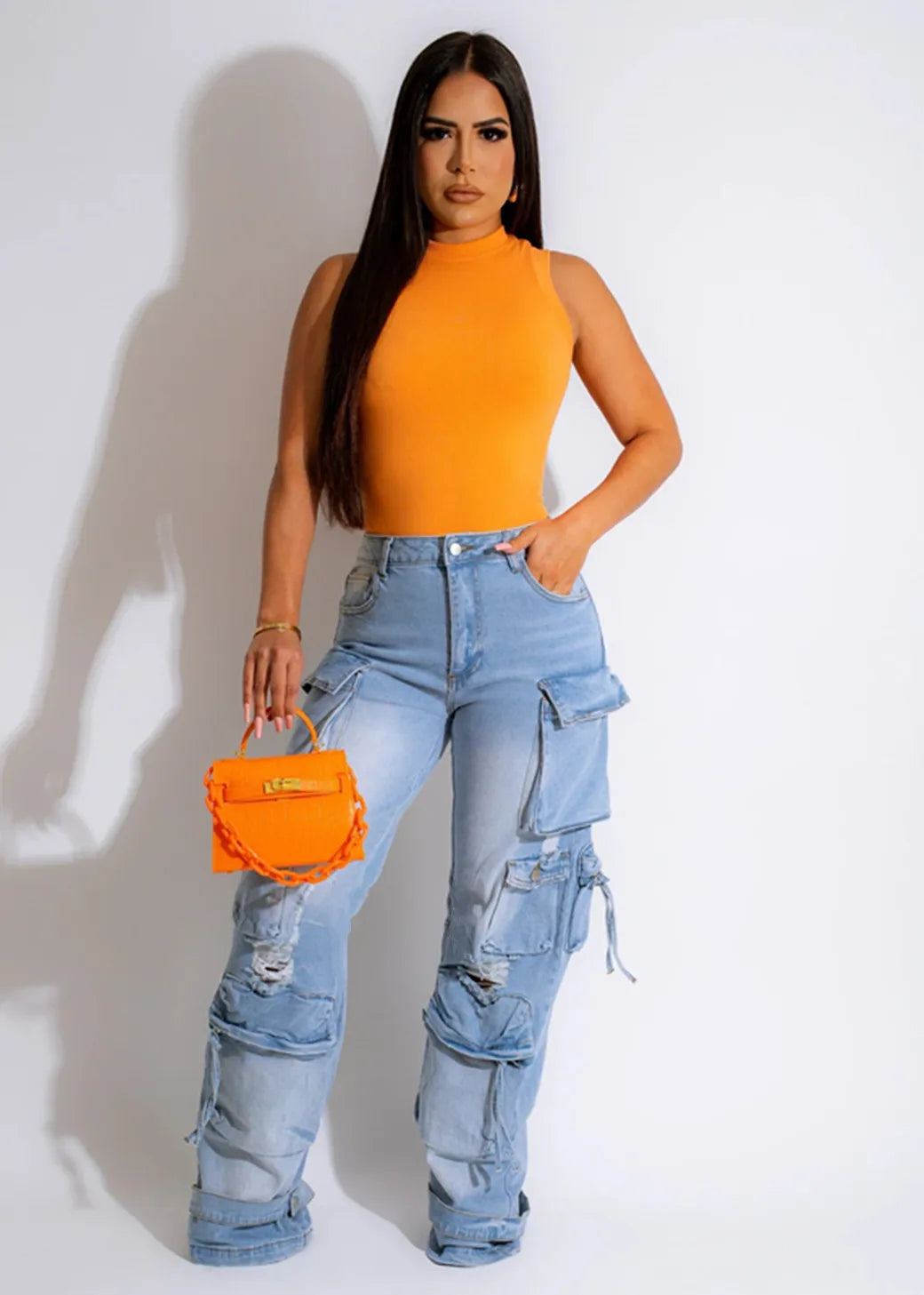 Multi Pockets Denim Straight Pants Sexy Women High Waist