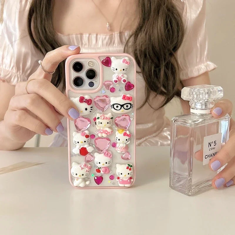Kawaii Cute 3D Sanrio Hello Kitty Diamond Transparent Phone Case For iPhone 15 14 Pro 13 12 11 Pro Max Shockproof Cover