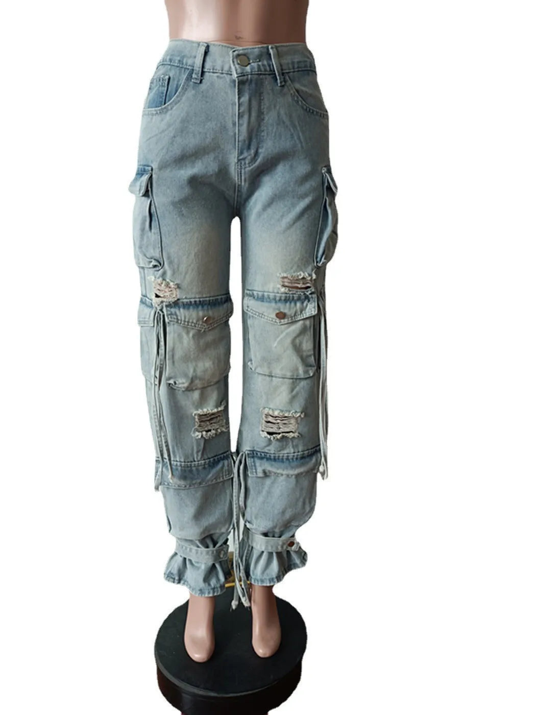 Multi Pockets Denim Straight Pants Sexy Women High Waist