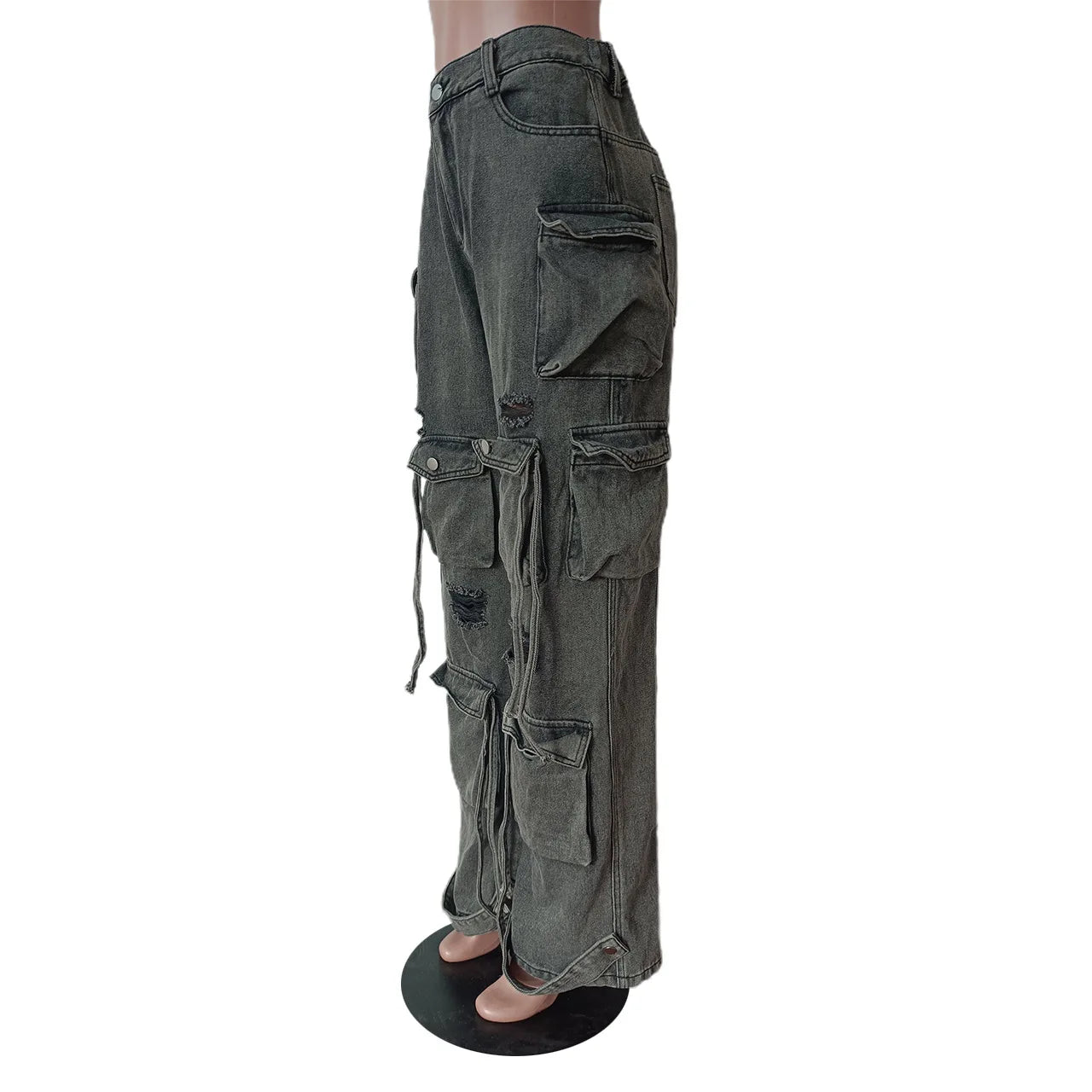 Multi Pockets Denim Straight Pants Sexy Women High Waist