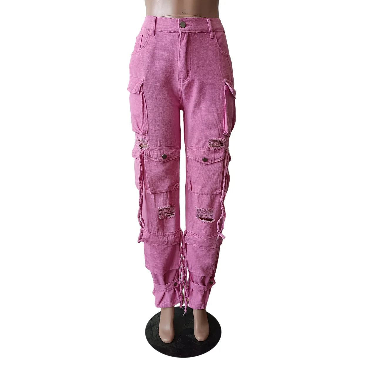 Multi Pockets Denim Straight Pants Sexy Women High Waist