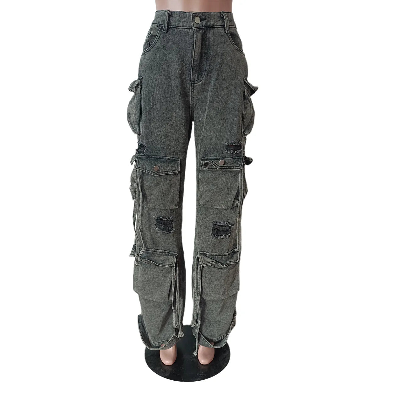 Multi Pockets Denim Straight Pants Sexy Women High Waist