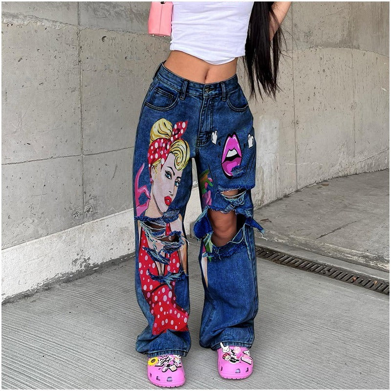 Women's jeans long high waist ripped