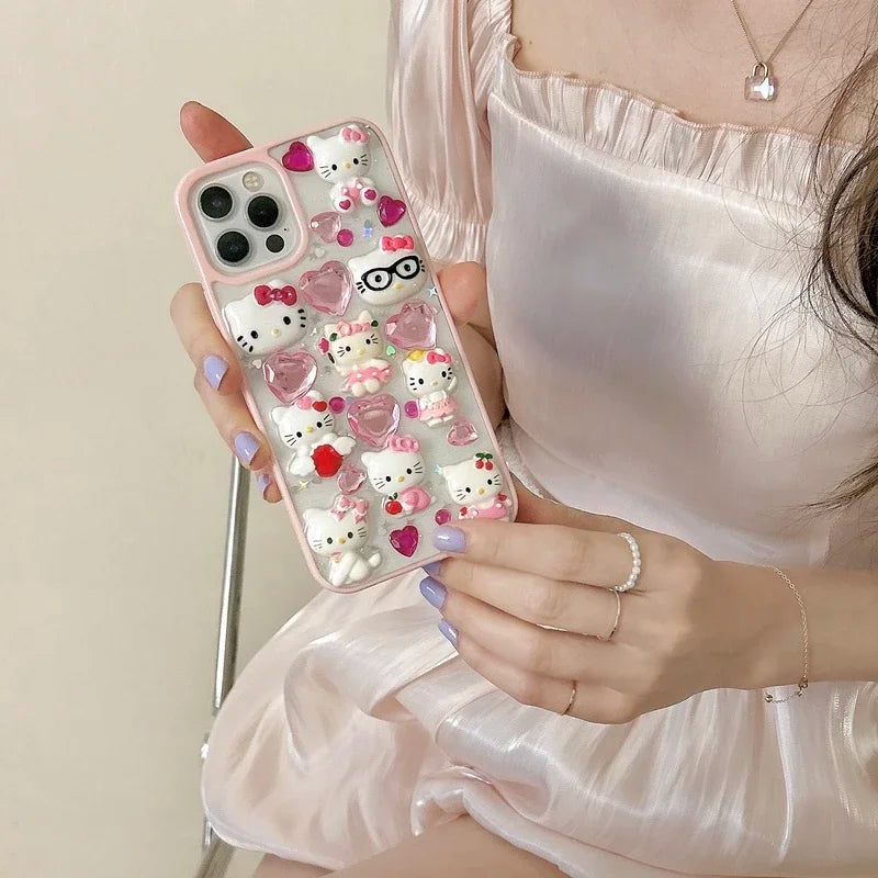 Kawaii Cute 3D Sanrio Hello Kitty Diamond Transparent Phone Case For iPhone 15 14 Pro 13 12 11 Pro Max Shockproof Cover