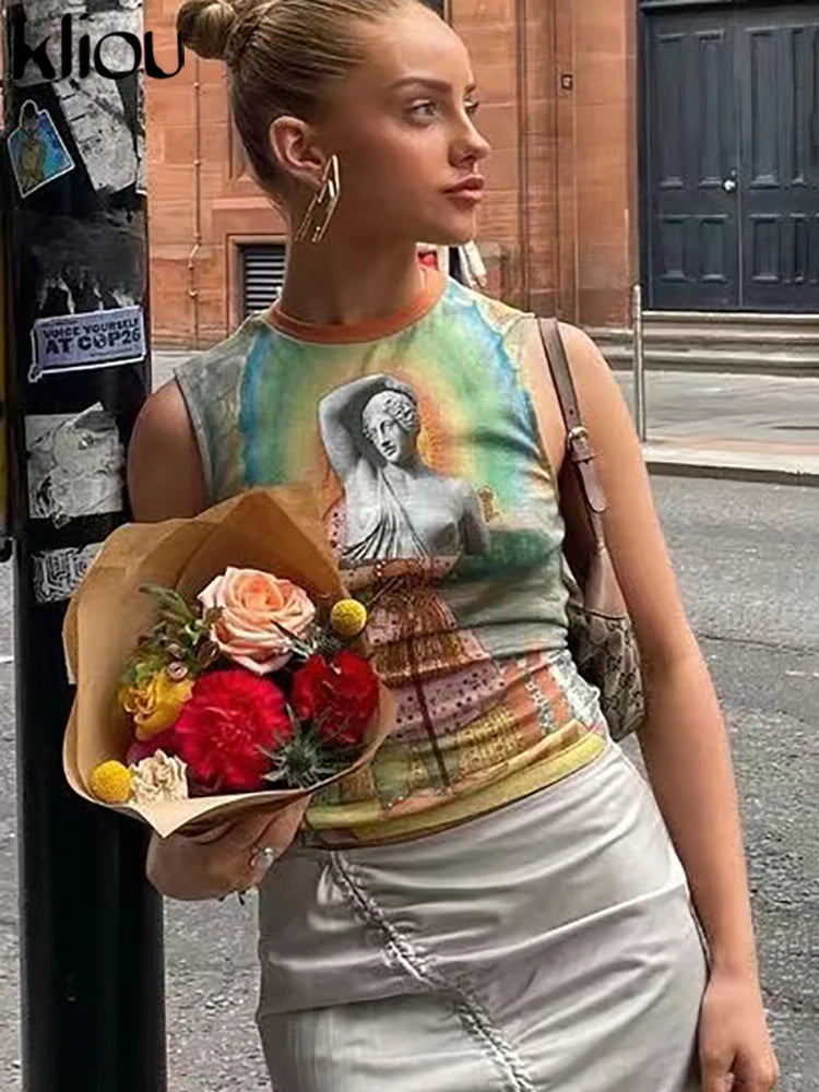 Kliou Vintage Street Print Tank Tops Women