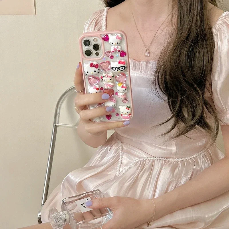 Kawaii Cute 3D Sanrio Hello Kitty Diamond Transparent Phone Case For iPhone 15 14 Pro 13 12 11 Pro Max Shockproof Cover