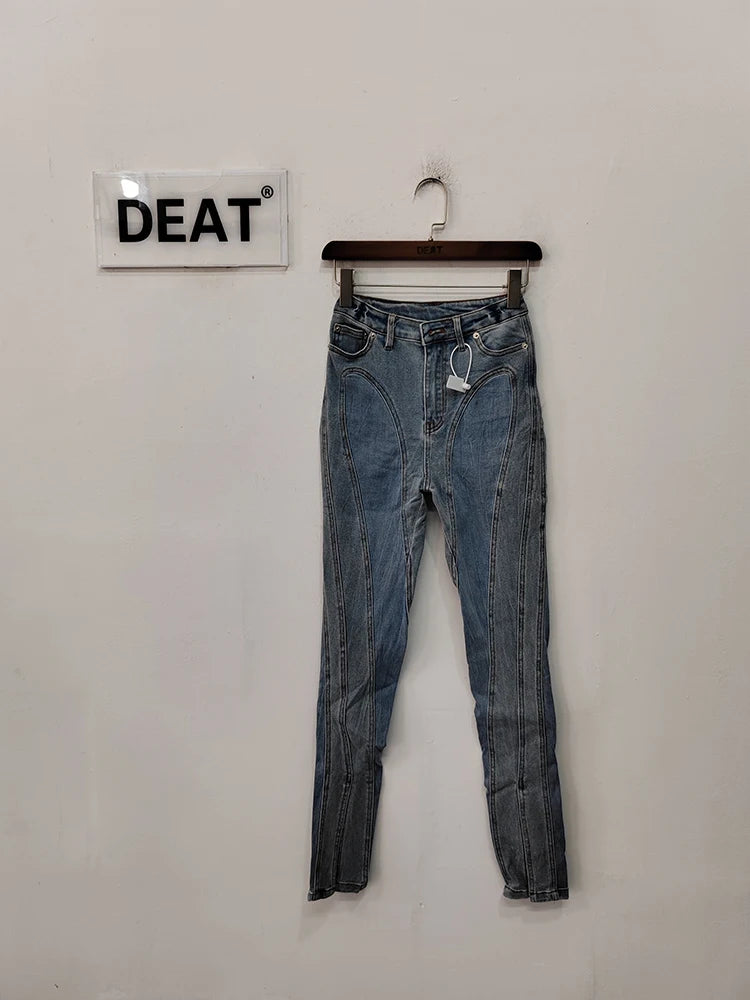 DEAT Fashion Women's Jeans Slim Deconstruct Panelled Patchwork