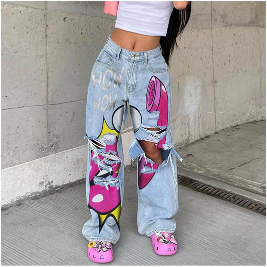 Women's jeans long high waist ripped