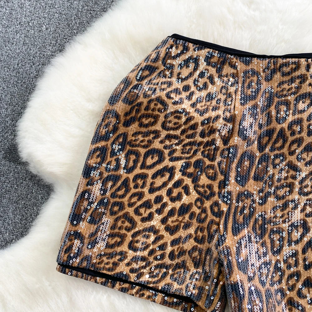 Y2K Sequin Leopard Shorts Two Piece Sets