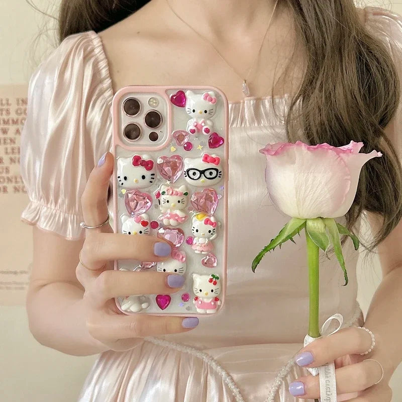 Kawaii Cute 3D Sanrio Hello Kitty Diamond Transparent  Phone Case For iPhone 15 14 Pro 13 12 11 Pro Max Shockproof Cover