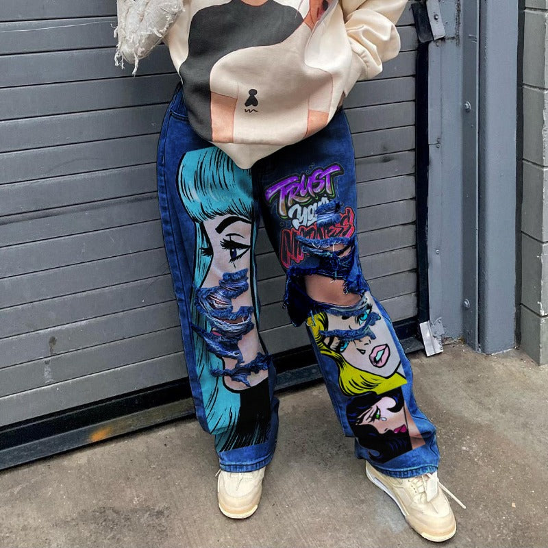 Women's jeans long high waist ripped