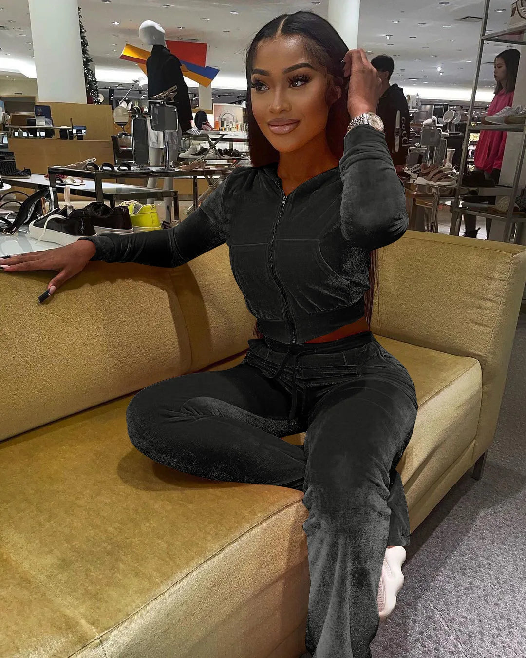 Women Velvet Jogging Suit Fall Casual Velour two piece set