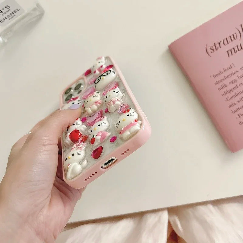 Kawaii Cute 3D Sanrio Hello Kitty Diamond Transparent  Phone Case For iPhone 15 14 Pro 13 12 11 Pro Max Shockproof Cover