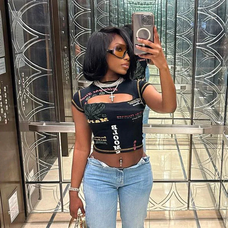 Black Cut Out Short Sleeve Crop Top