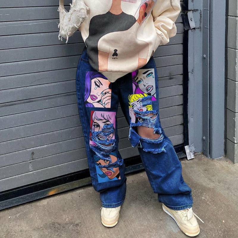 Women's jeans long high waist ripped