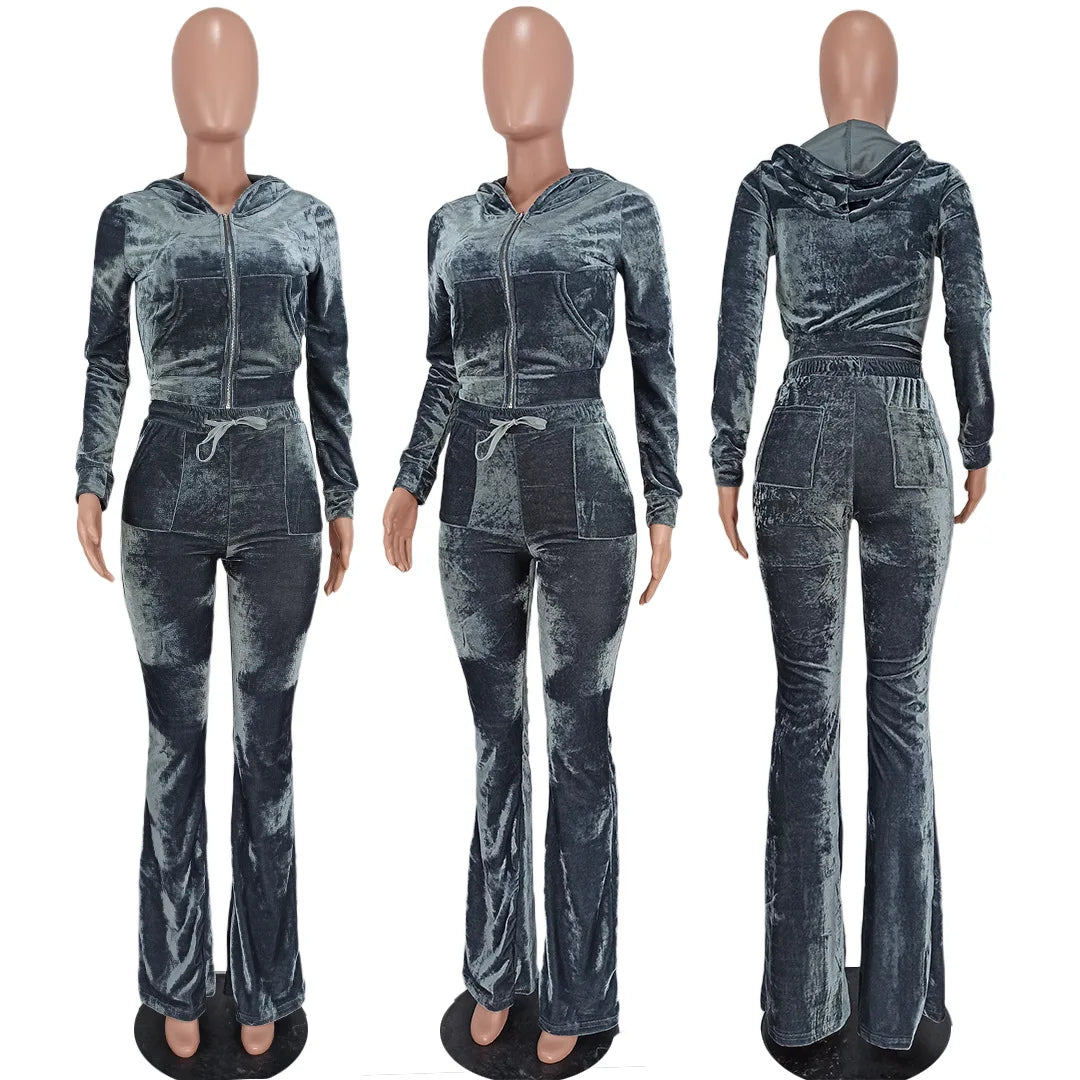 Women Velvet Jogging Suit Fall Casual Velour two piece set