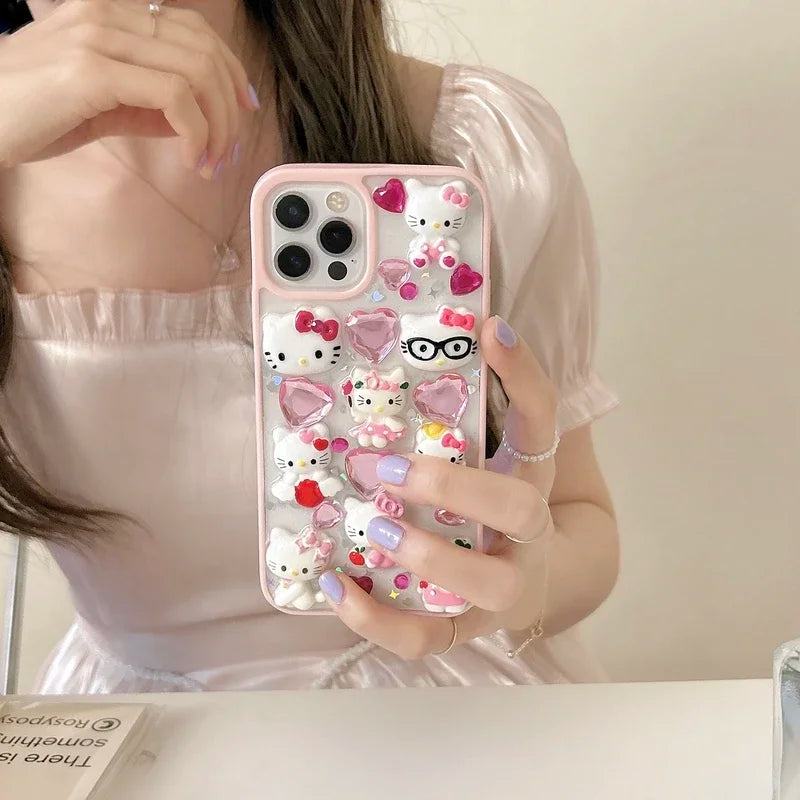 Kawaii Cute 3D Sanrio Hello Kitty Diamond Transparent  Phone Case For iPhone 15 14 Pro 13 12 11 Pro Max Shockproof Cover