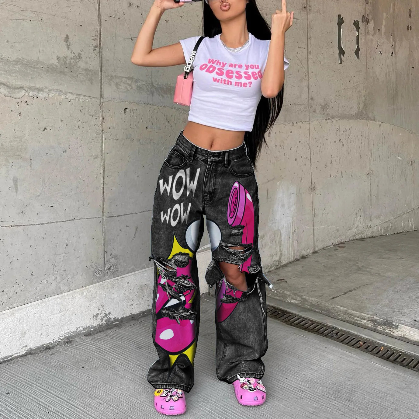 Women's jeans long high waist ripped
