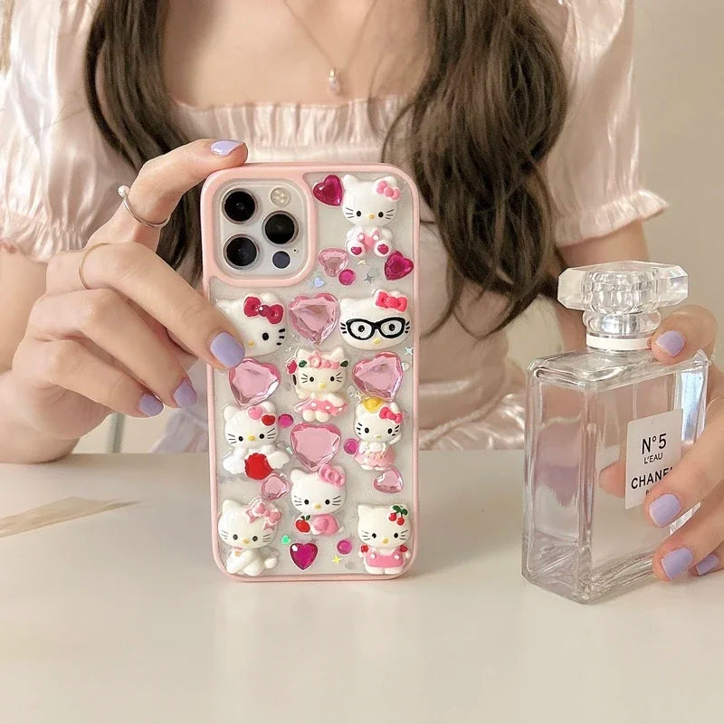 Kawaii Cute 3D Sanrio Hello Kitty Diamond Transparent  Phone Case For iPhone 15 14 Pro 13 12 11 Pro Max Shockproof Cover