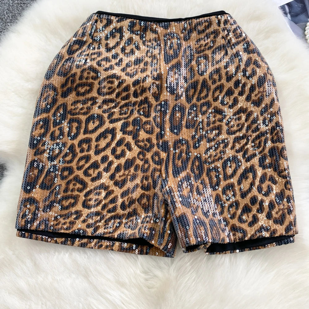 Y2K Sequin Leopard Shorts Two Piece Sets