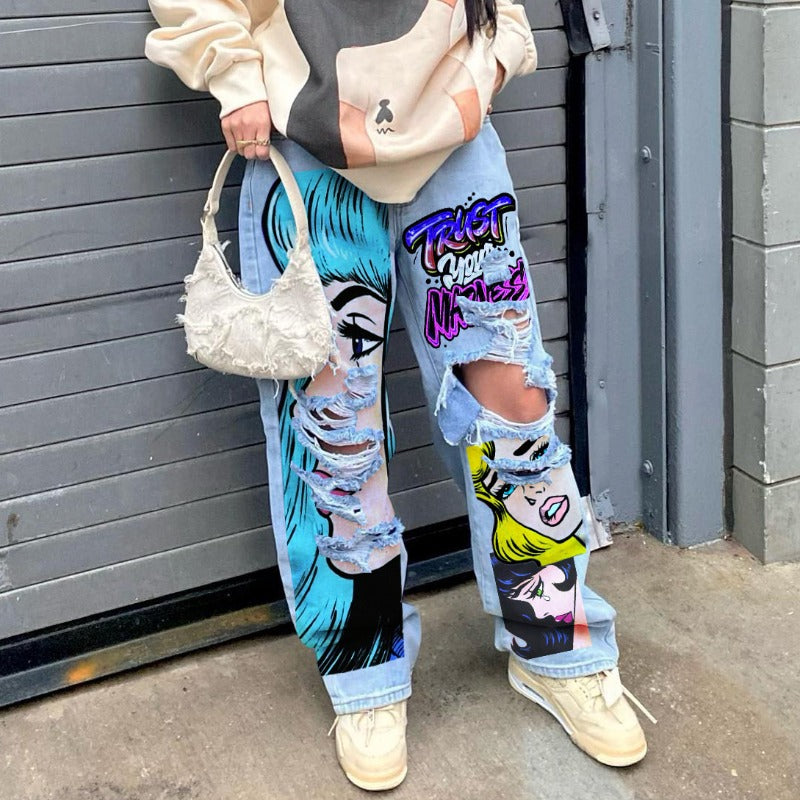 Women's jeans long high waist ripped