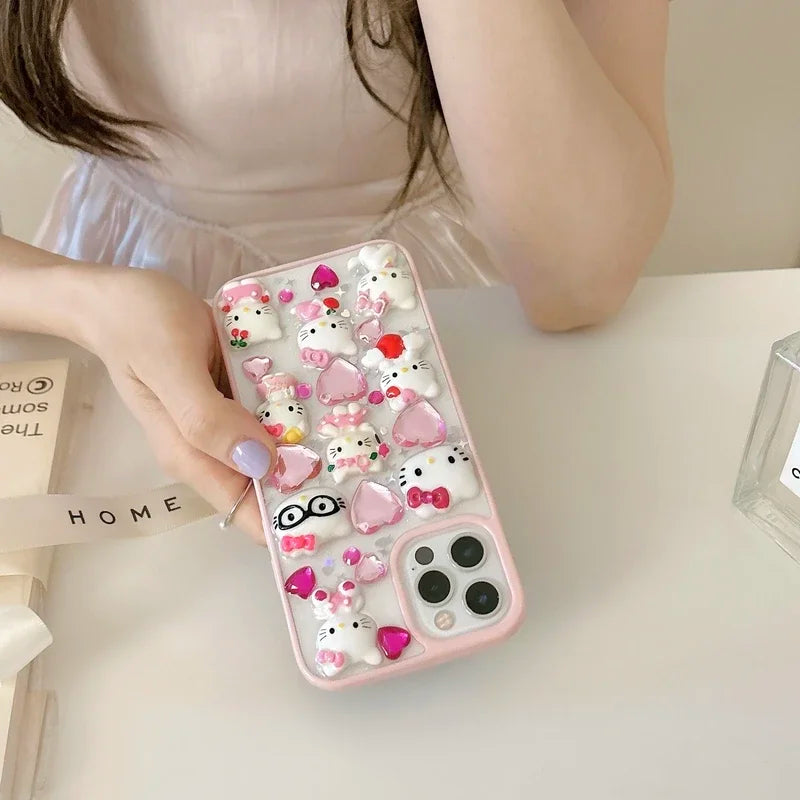 Kawaii Cute 3D Sanrio Hello Kitty Diamond Transparent  Phone Case For iPhone 15 14 Pro 13 12 11 Pro Max Shockproof Cover