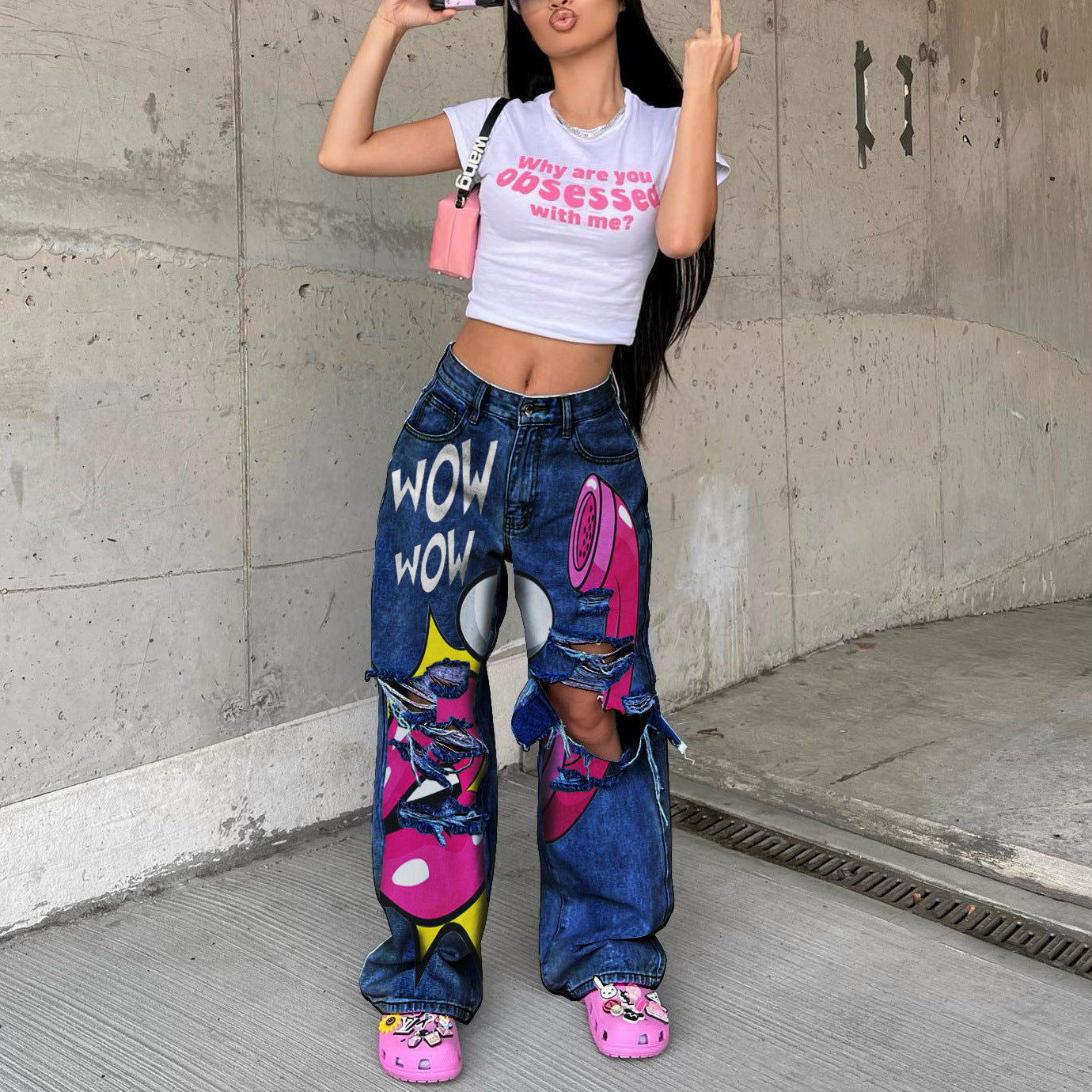 Women's jeans long high waist ripped