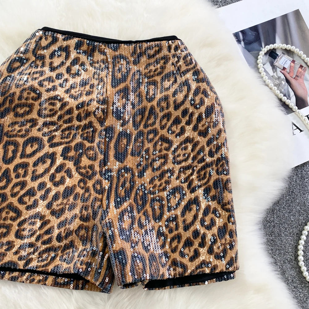 Y2K Sequin Leopard Shorts Two Piece Sets