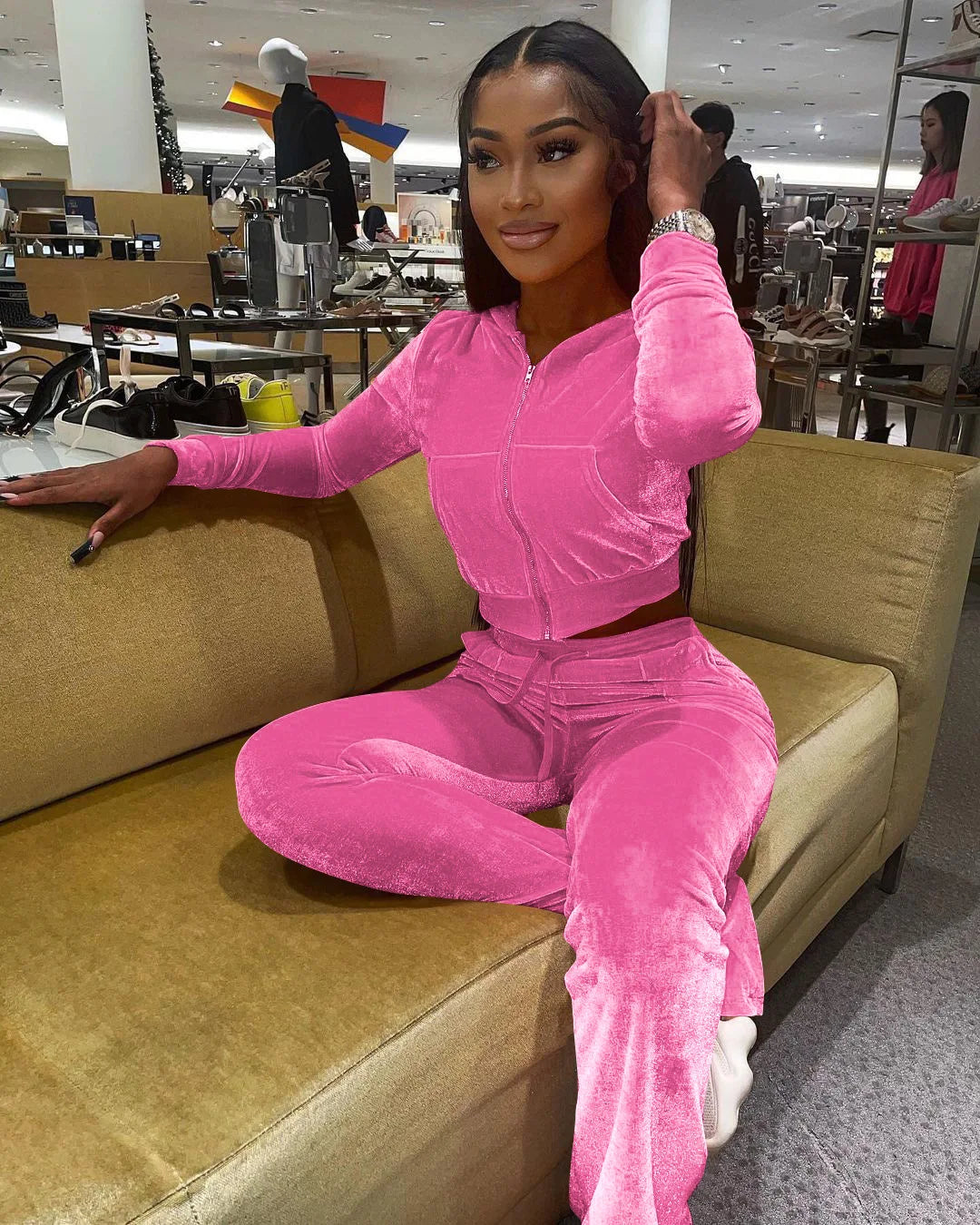 Women Velvet Jogging Suit Fall Casual Velour two piece set