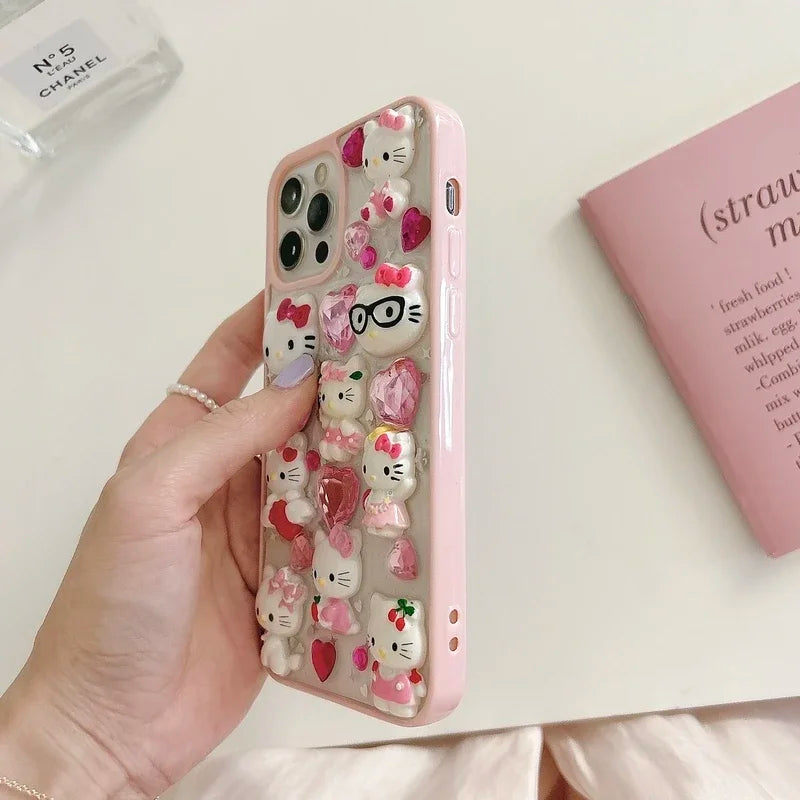 Kawaii Cute 3D Sanrio Hello Kitty Diamond Transparent  Phone Case For iPhone 15 14 Pro 13 12 11 Pro Max Shockproof Cover