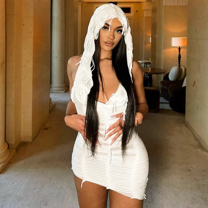 White Hooded Short Elegant Dress