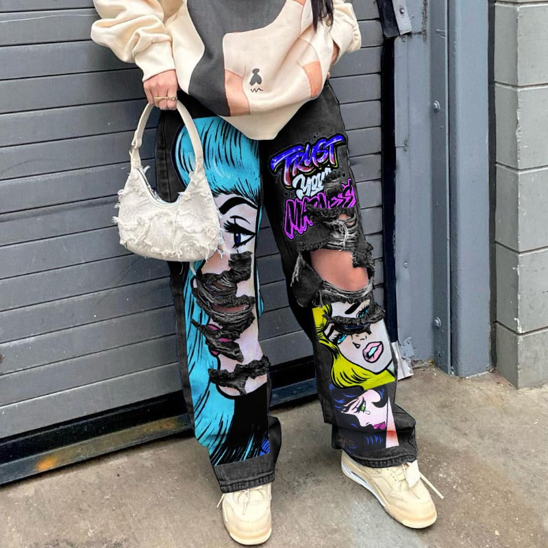 Women's jeans long high waist ripped