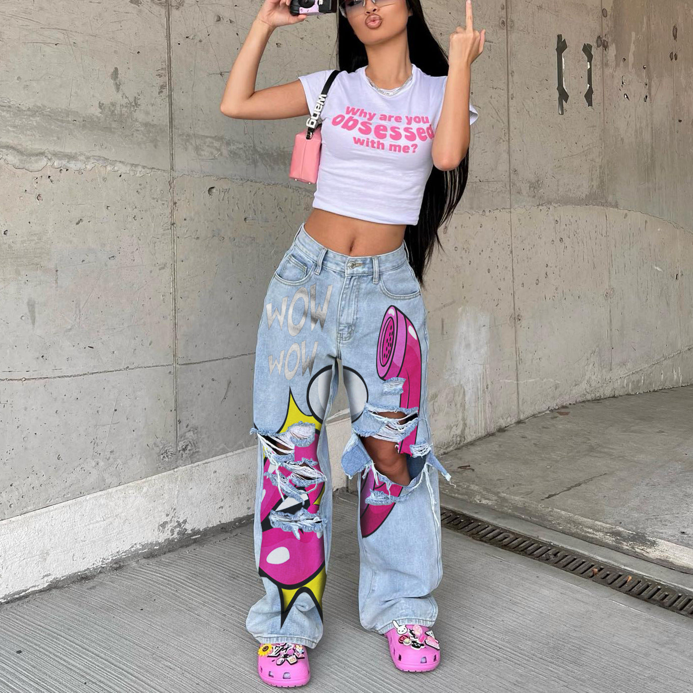 Women's jeans long high waist ripped