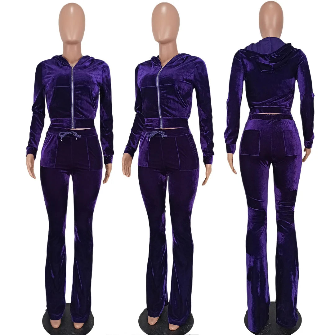 Women Velvet Jogging Suit Fall Casual Velour two piece set